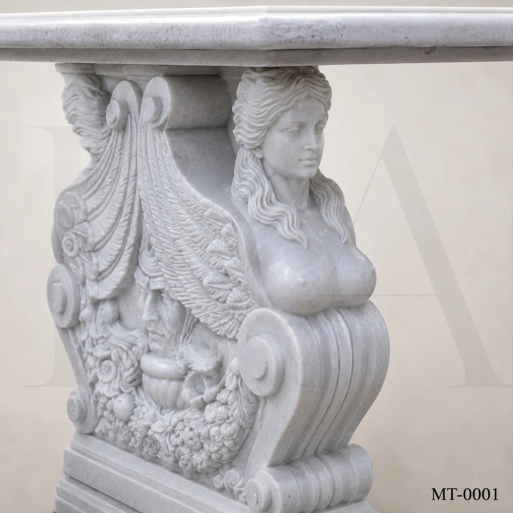 Luxury White Marble Dining Table with Winged Goddess Pedestals | 72" Classical Stone Dining Table