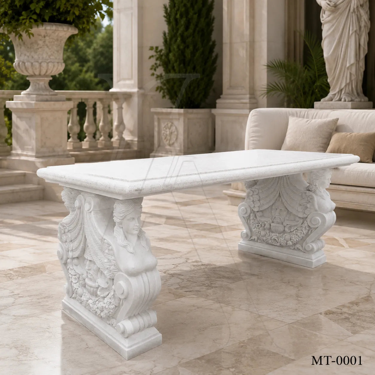 Luxury White Marble Dining Table with Winged Goddess Pedestals | 72" Classical Stone Dining Table