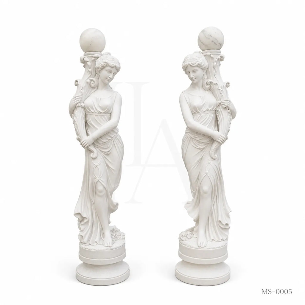 Pair of Classical White Marble Maiden Lamp Post Statues | Luxury Garden Lighting Sculpture