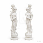 Pair of Classical White Marble Maiden Lamp Post Statues | Luxury Garden Lighting Sculpture