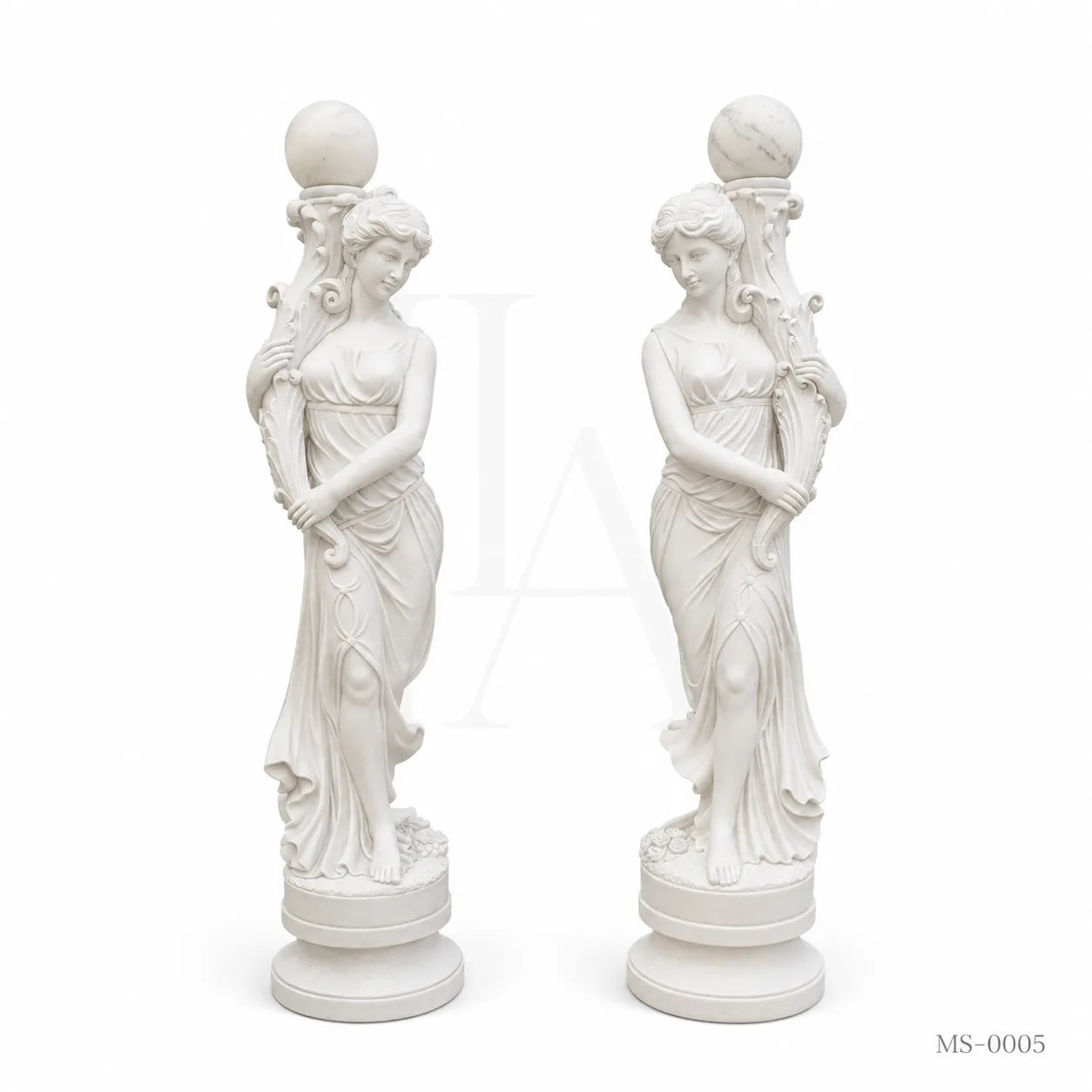 Pair of Classical White Marble Maiden Lamp Post Statues | Luxury Garden Lighting Sculpture
