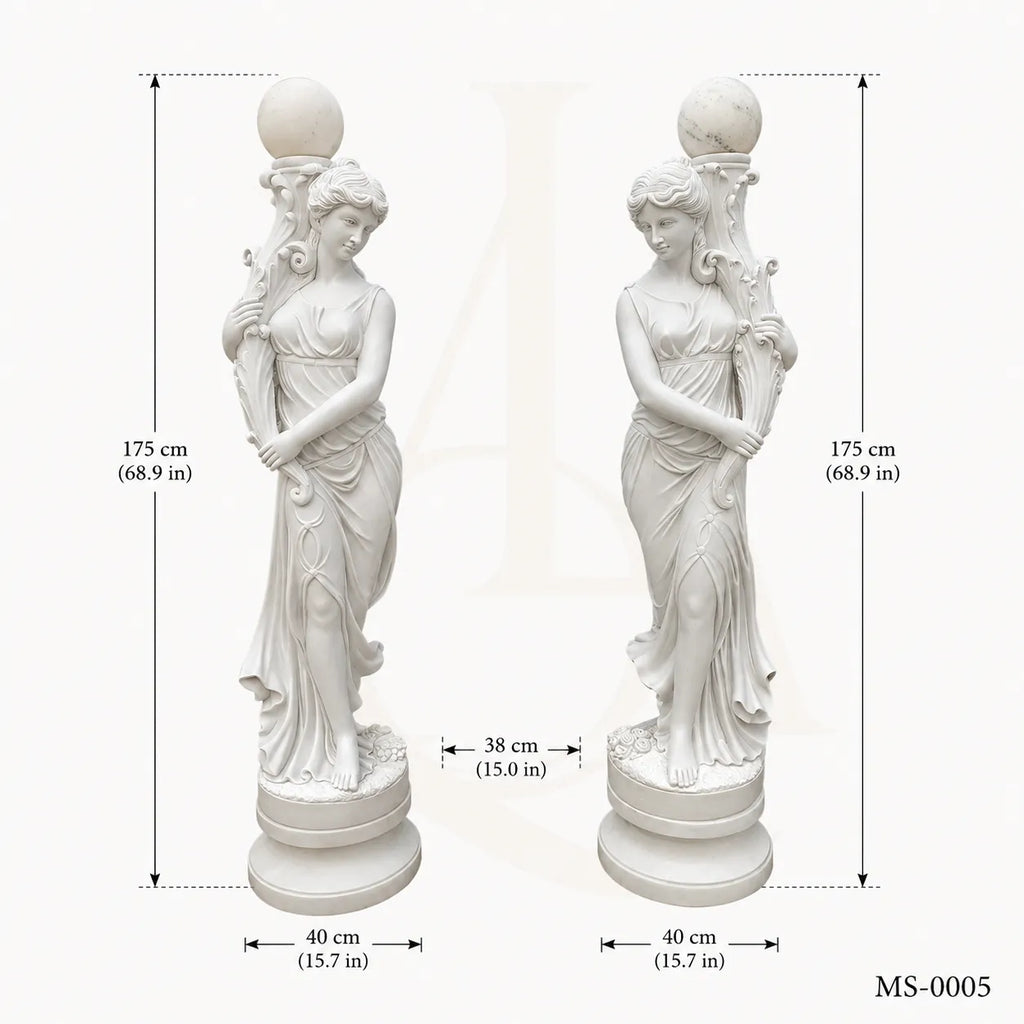 Pair of Classical White Marble Maiden Lamp Post Statues | Luxury Garden Lighting Sculpture