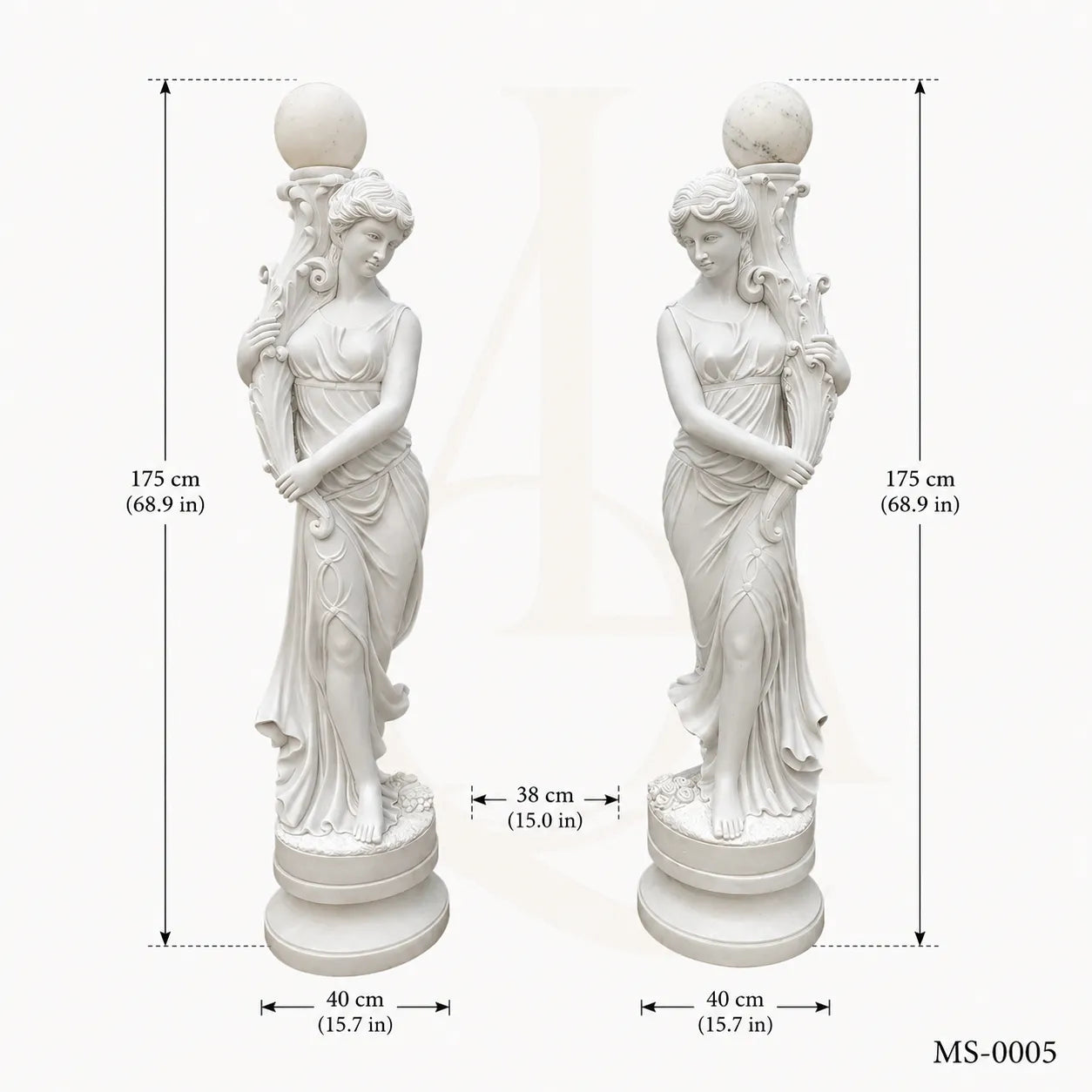 Pair of Classical White Marble Maiden Lamp Post Statues | Luxury Garden Lighting Sculpture