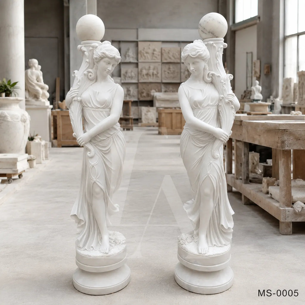 Pair of Classical White Marble Maiden Lamp Post Statues | Luxury Garden Lighting Sculpture