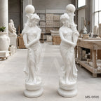 Pair of Classical White Marble Maiden Lamp Post Statues | Luxury Garden Lighting Sculpture