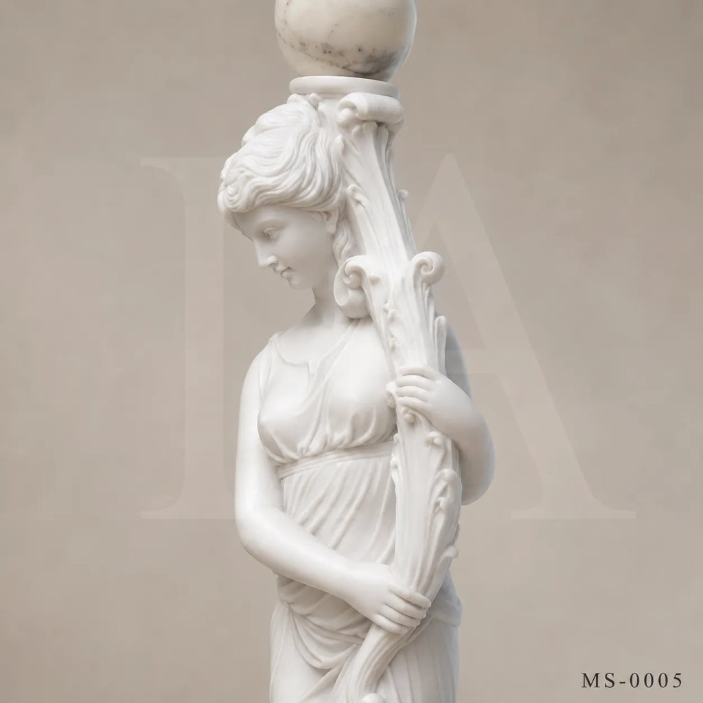 Pair of Classical White Marble Maiden Lamp Post Statues | Luxury Garden Lighting Sculpture