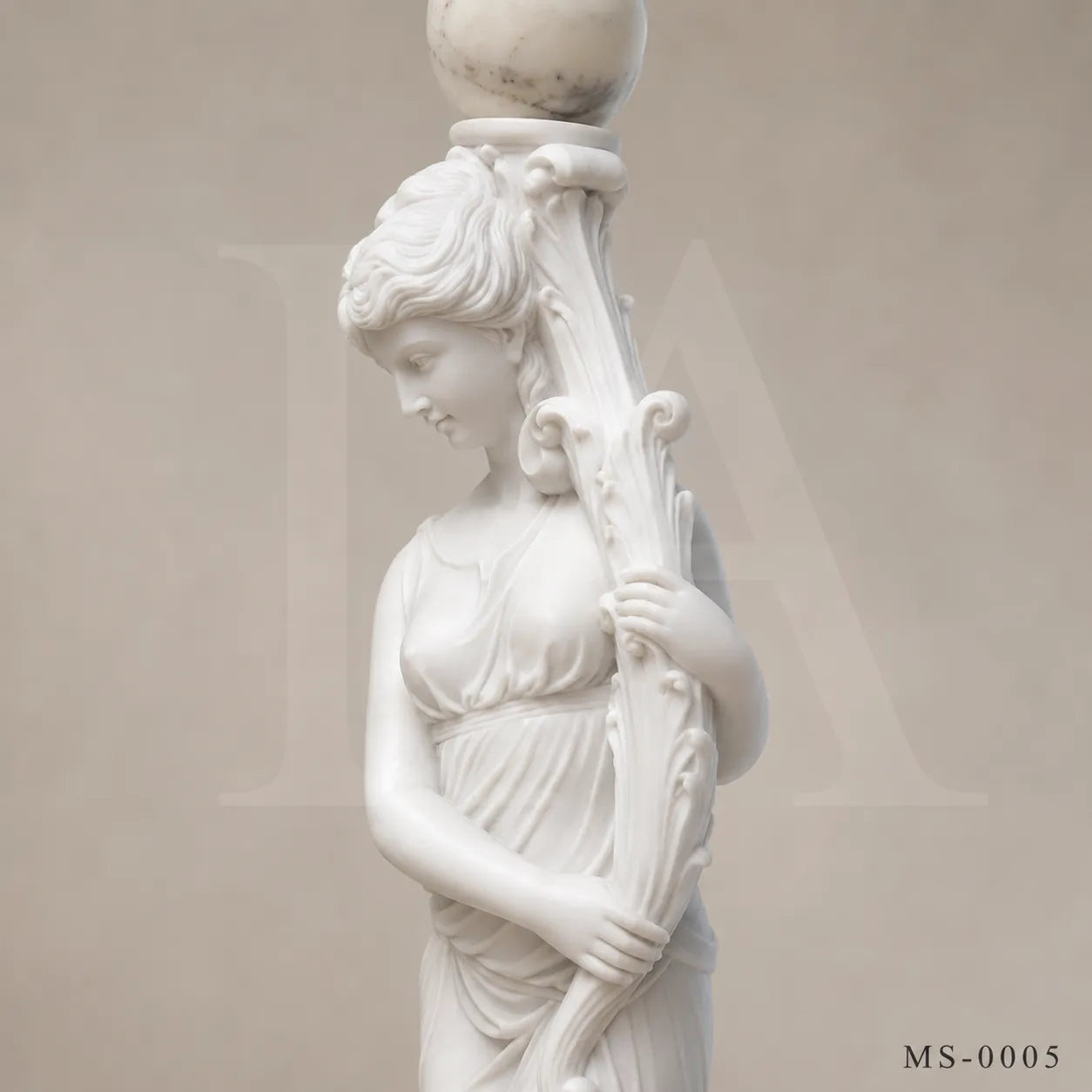 Pair of Classical White Marble Maiden Lamp Post Statues | Luxury Garden Lighting Sculpture