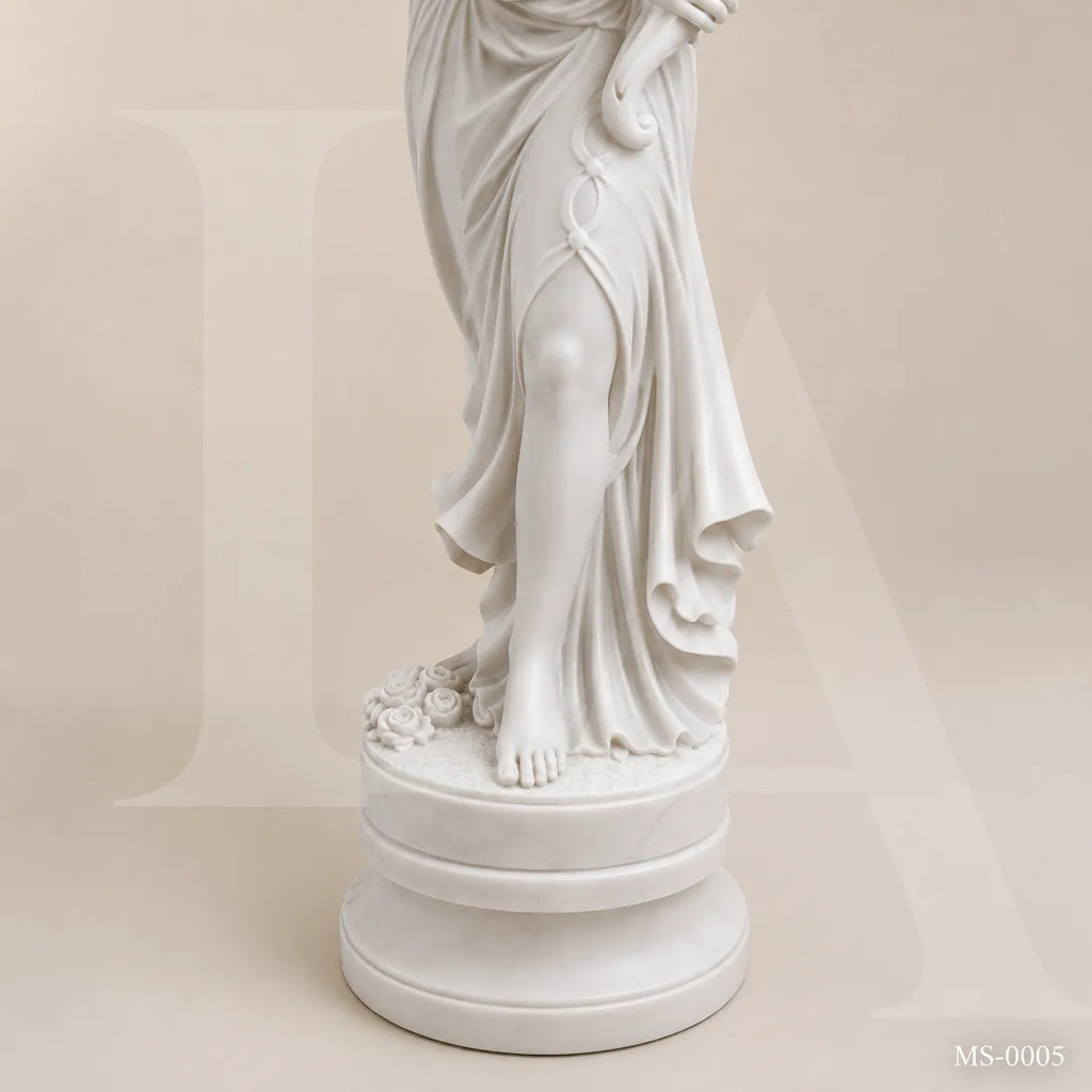 Pair of Classical White Marble Maiden Lamp Post Statues | Luxury Garden Lighting Sculpture