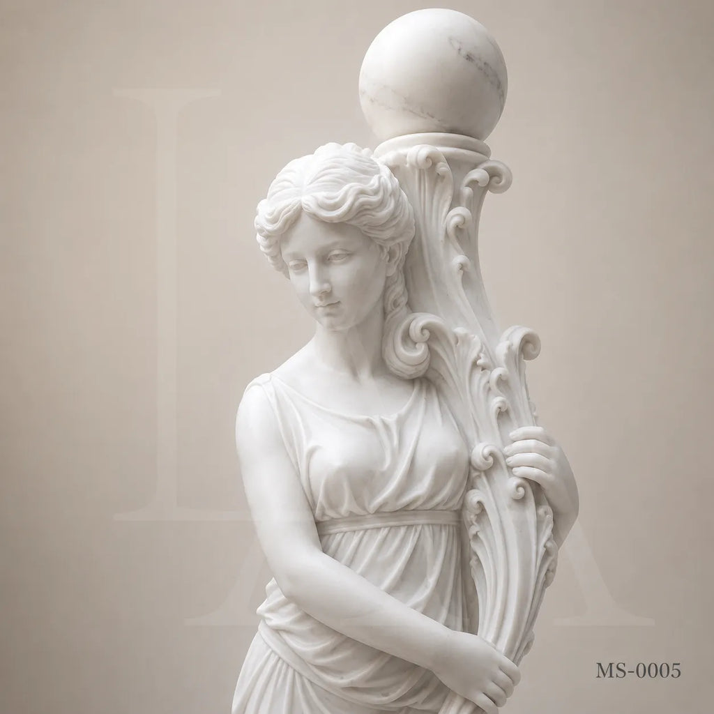 Pair of Classical White Marble Maiden Lamp Post Statues | Luxury Garden Lighting Sculpture