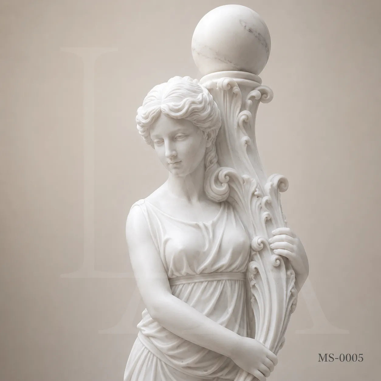 Pair of Classical White Marble Maiden Lamp Post Statues | Luxury Garden Lighting Sculpture
