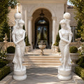 Pair of Classical White Marble Maiden Lamp Post Statues | Luxury Garden Lighting Sculpture