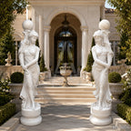 Pair of Classical White Marble Maiden Lamp Post Statues | Luxury Garden Lighting Sculpture