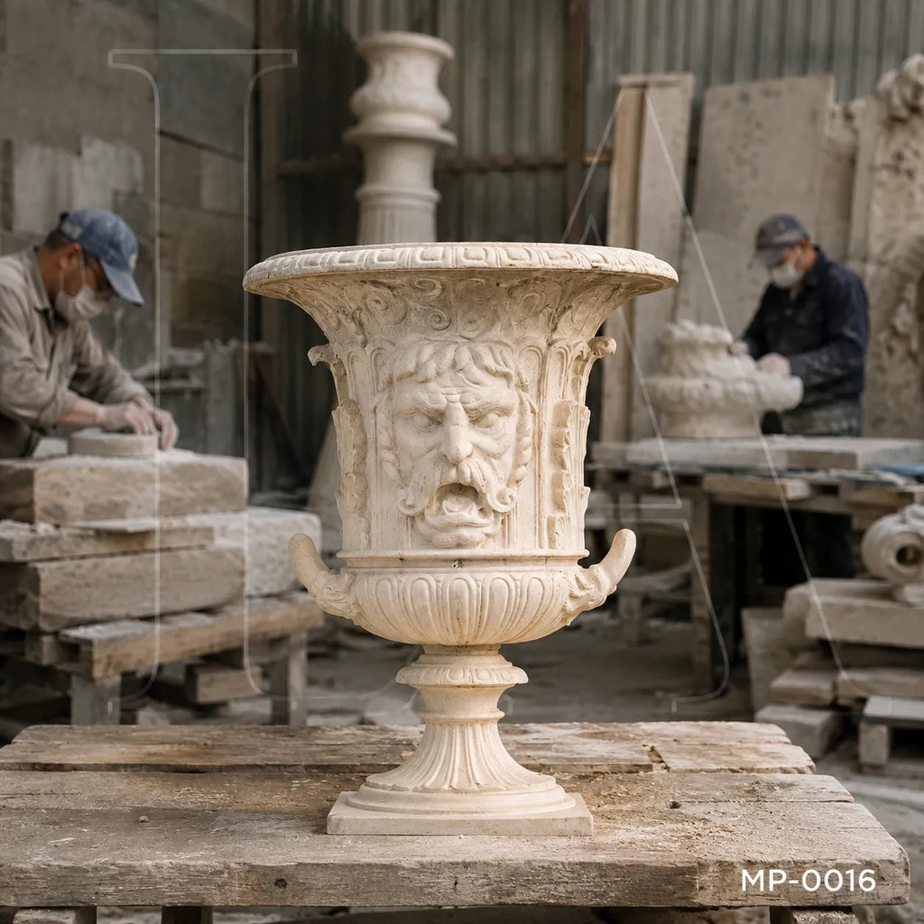 Classical Marble Lion Head Garden Urn | Architectural Stone Planter
