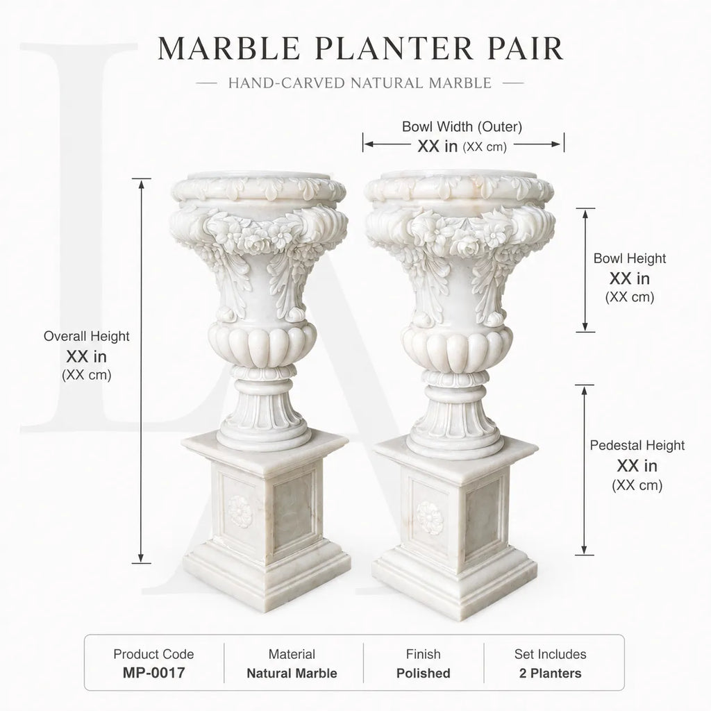 Classical Marble Garden Urn Pair | Hand-Carved European Stone Planters
