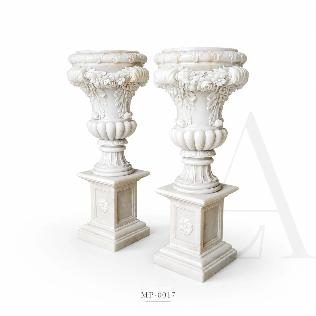 Classical Marble Garden Urn Pair | Hand-Carved European Stone Planters