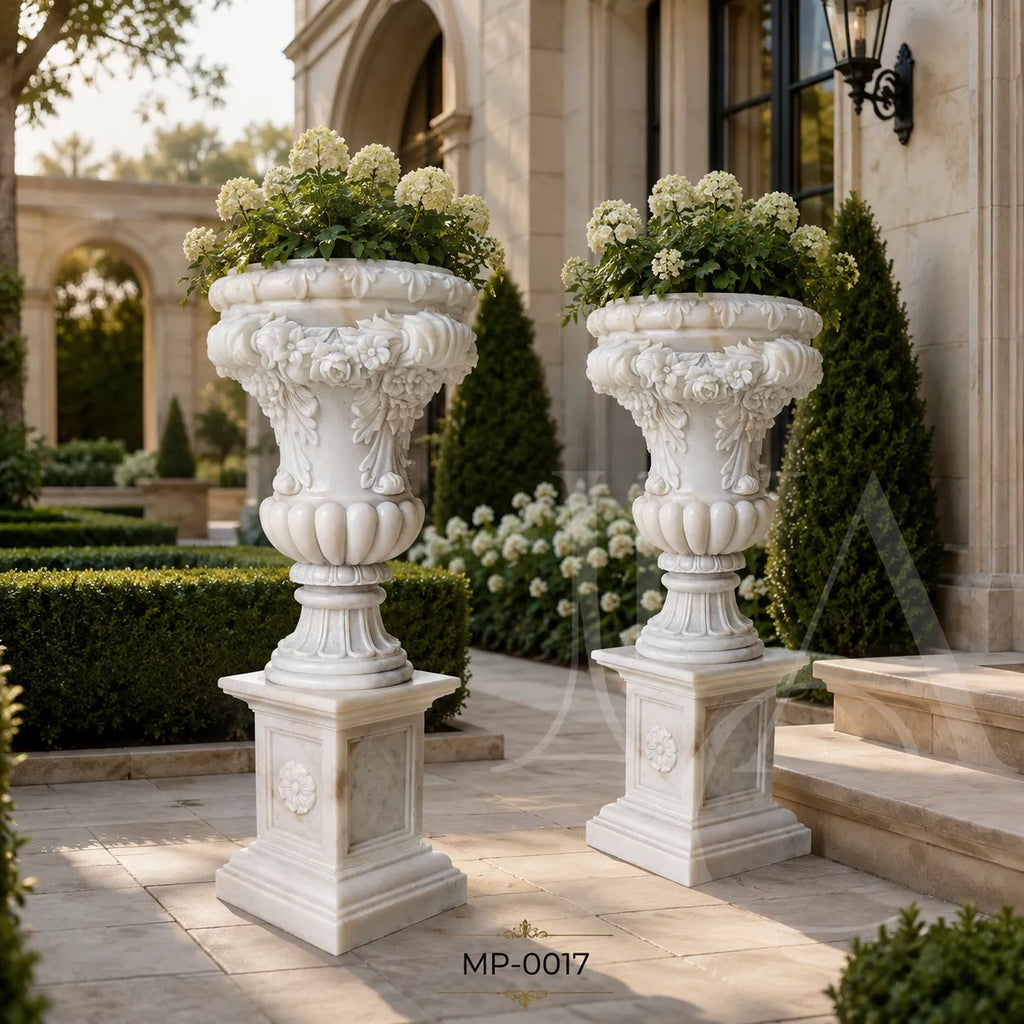 Classical Marble Garden Urn Pair | Hand-Carved European Stone Planters