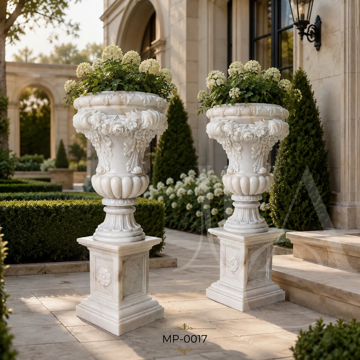Classical Marble Garden Urn Pair | Hand-Carved European Stone Planters