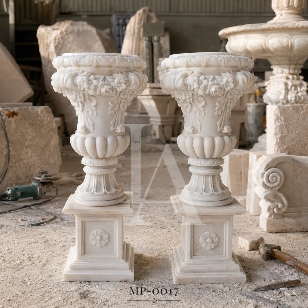Classical Marble Garden Urn Pair | Hand-Carved European Stone Planters