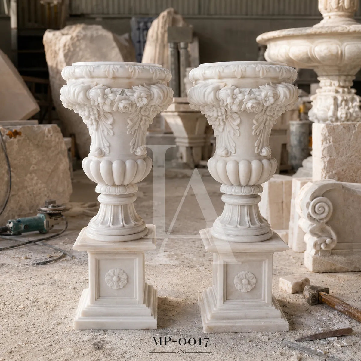 Classical Marble Garden Urn Pair | Hand-Carved European Stone Planters